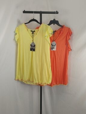 Love Ever After 1X Bundle 2 Tops Flutter Sleeve Blouse Neon Yellow Orange NWT